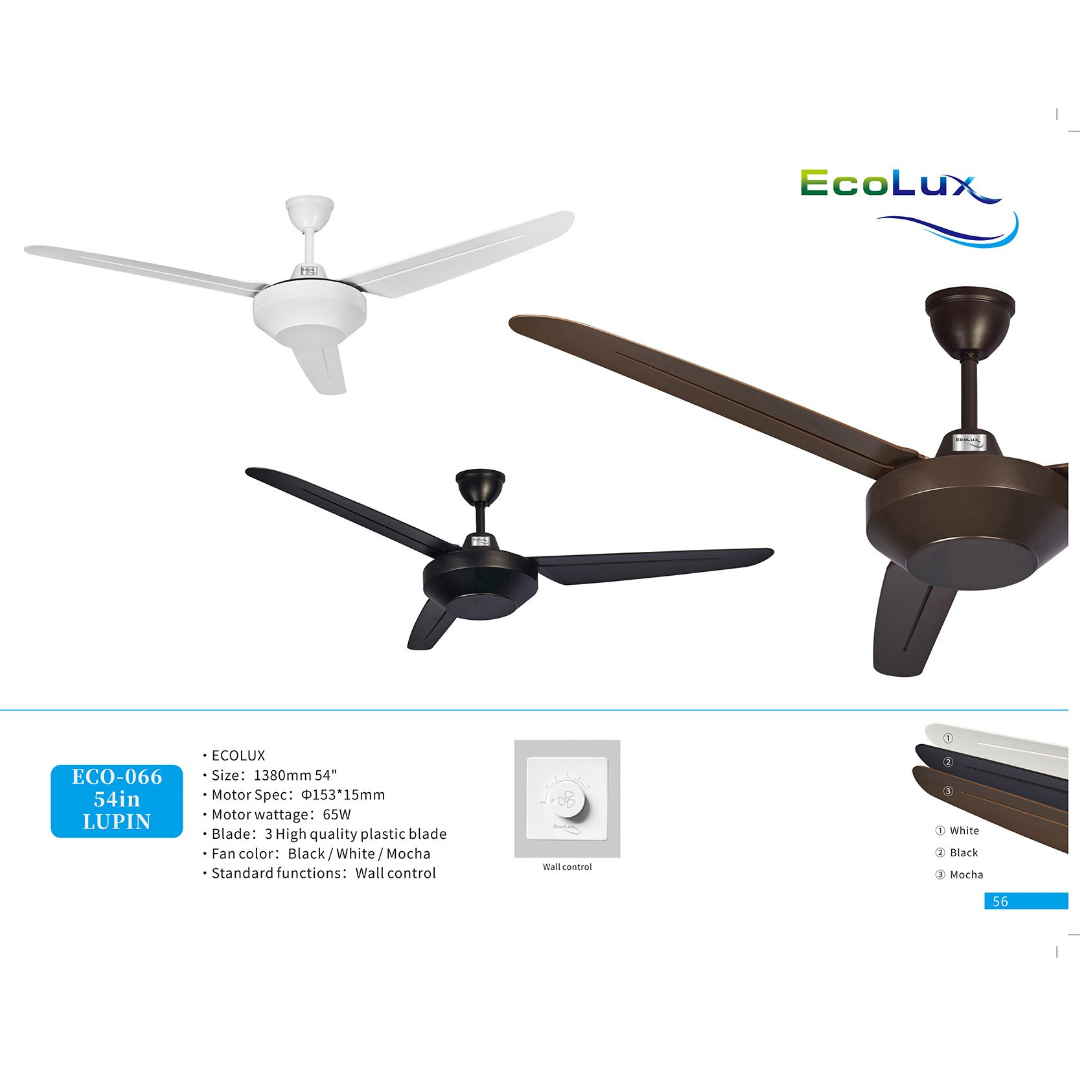 Ecolux Lupin 54 Inch Ceiling Fan Wall Control | Kipas Angin Gantung Plafon Modern Warna Black, White & Mocha