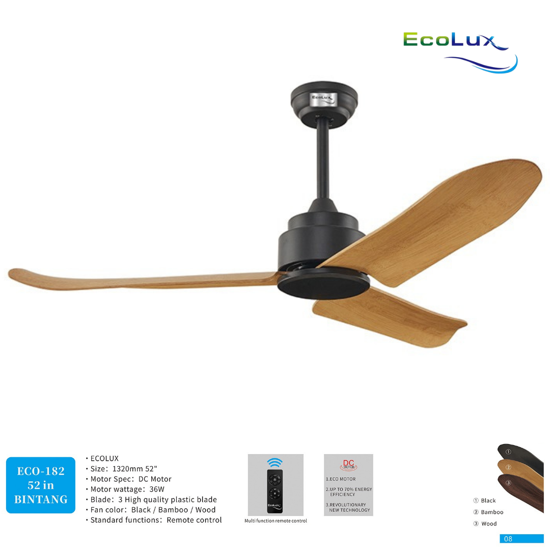 Ecolux Bintang 52 Inch Kipas Angin Plafon Motor DC Remote Control | Ceiling Fan Hemat Listrik Black Bamboo Wood