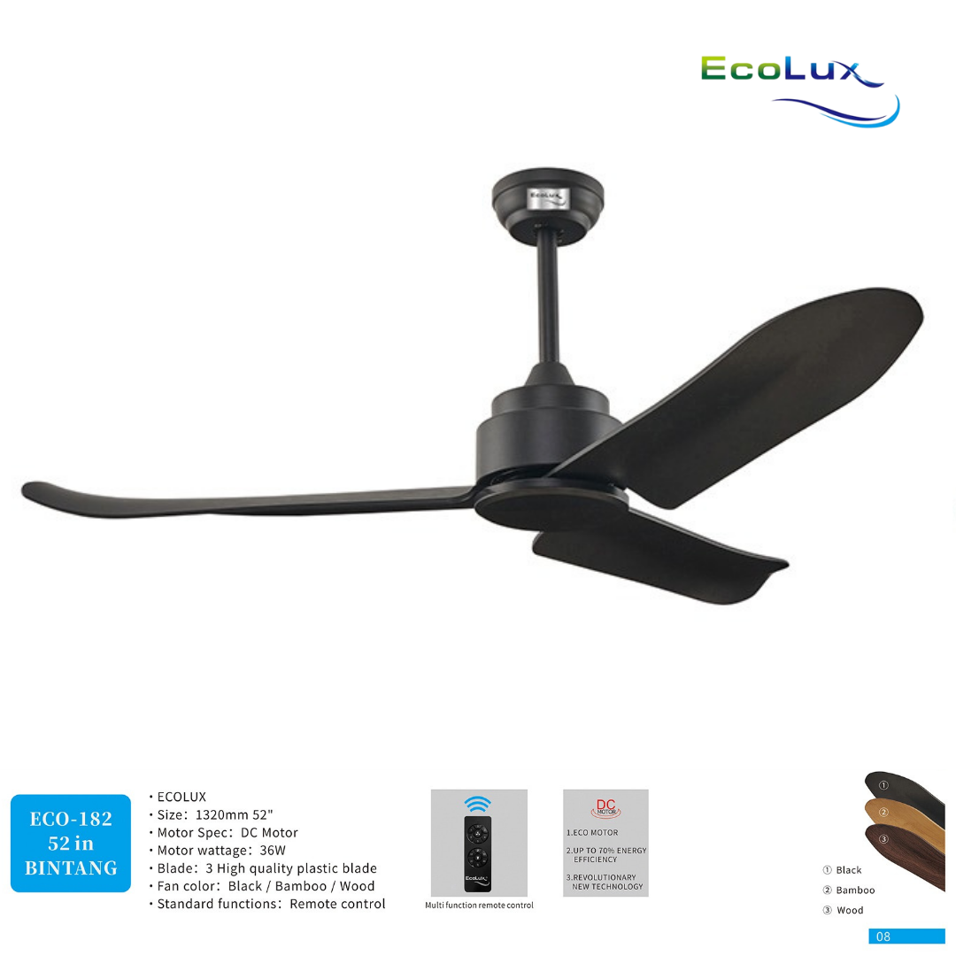 Ecolux Bintang 52 Inch Kipas Angin Plafon Motor DC Remote Control | Ceiling Fan Hemat Listrik Black Bamboo Wood