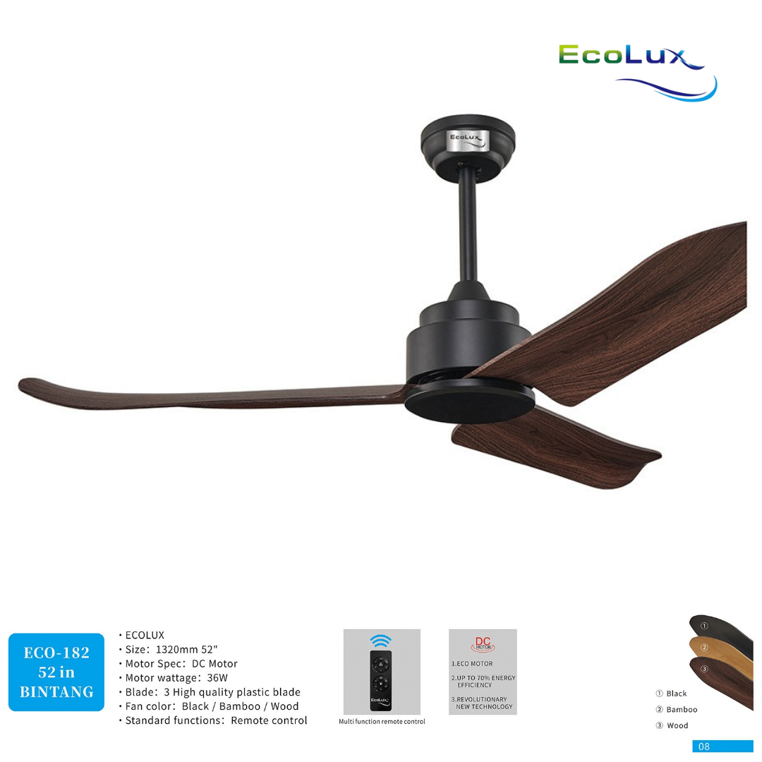 Ecolux Bintang 52 Inch Kipas Angin Plafon Motor DC Remote Control | Ceiling Fan Hemat Listrik Black Bamboo Wood