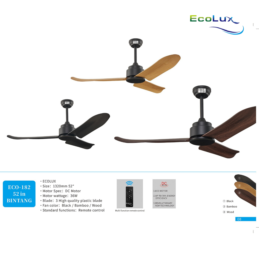 Ecolux Bintang 52 Inch Kipas Angin Plafon Motor DC Remote Control | Ceiling Fan Hemat Listrik Black Bamboo Wood