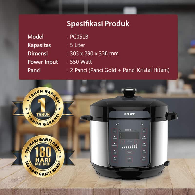 FLIFE Multifunction Electric Pressure Cooker, PC05LB - Panci Presto 5L