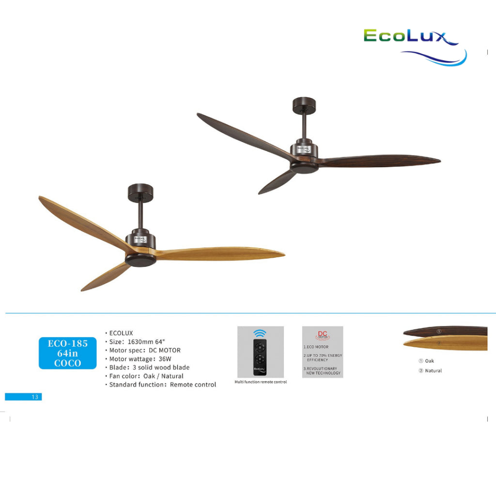 Ecolux 64IN COCO Ceiling Fan 3 Baling Kayu Oak & Natural | Kipas Angin Plafon Gantung Mewah Estetik