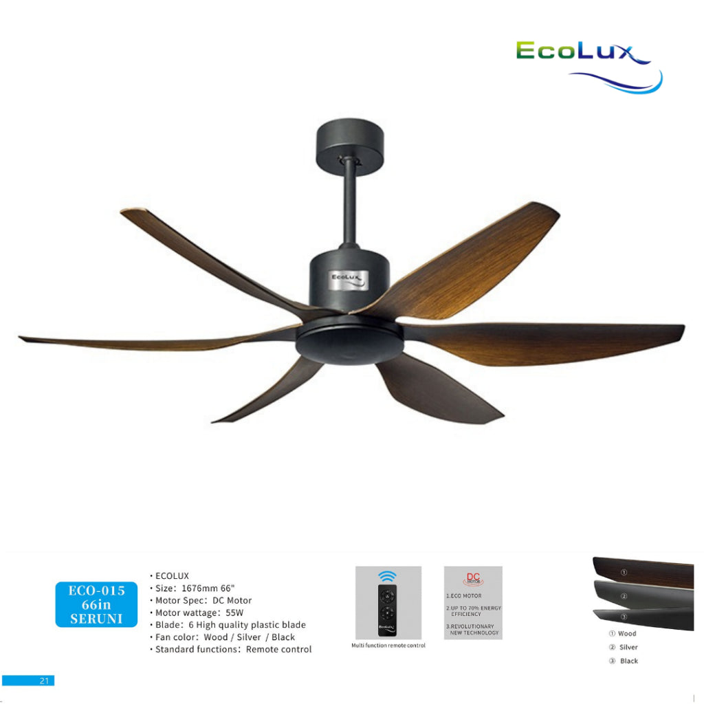 Ecolux Seruni 66IN DC Ceiling Fan + Remote | Kipas Plafon Besar Hemat Listrik Silver Black Wood