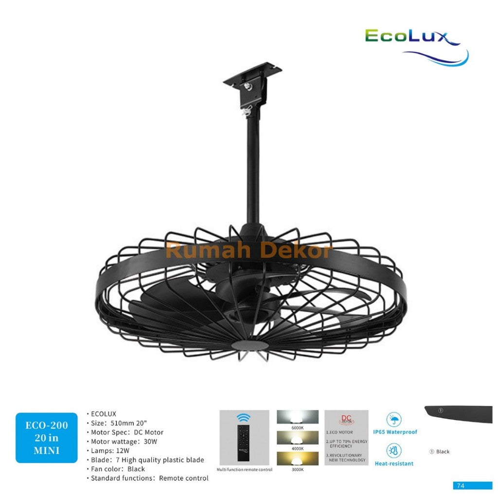 Kipas Plafon 20 Inch Mini Ecolux IP65 Waterproof – DC Motor Hemat Energi + Remote Control