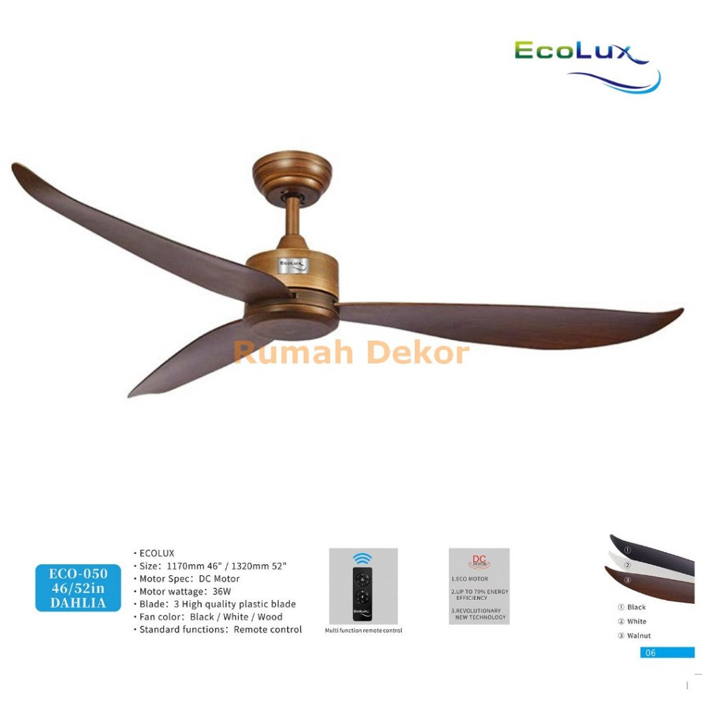 Kipas Plafon Ecolux DAHLIA 46 / 52 Inch – Motor Full Tembaga, Angin Kencang, Suara Halus, Hemat Daya