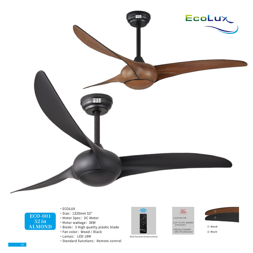 Ecolux 52IN ALMOND Ceiling Fan dengan motor DC Remote Control