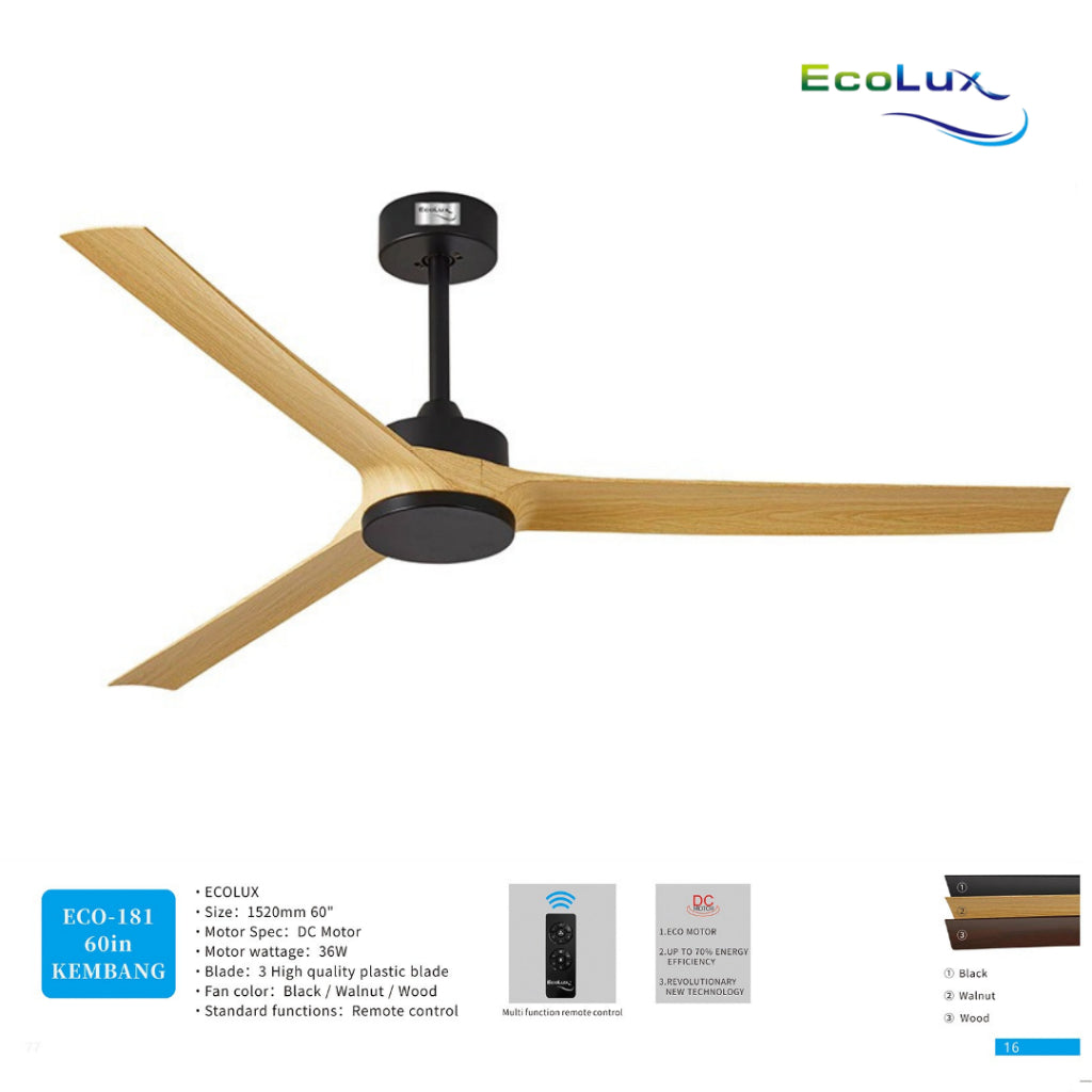 Ecolux 60IN Kembang DC Ceiling Fan Remote | Kipas Plafon Motor DC Hemat Listrik Black Walnut Wood
