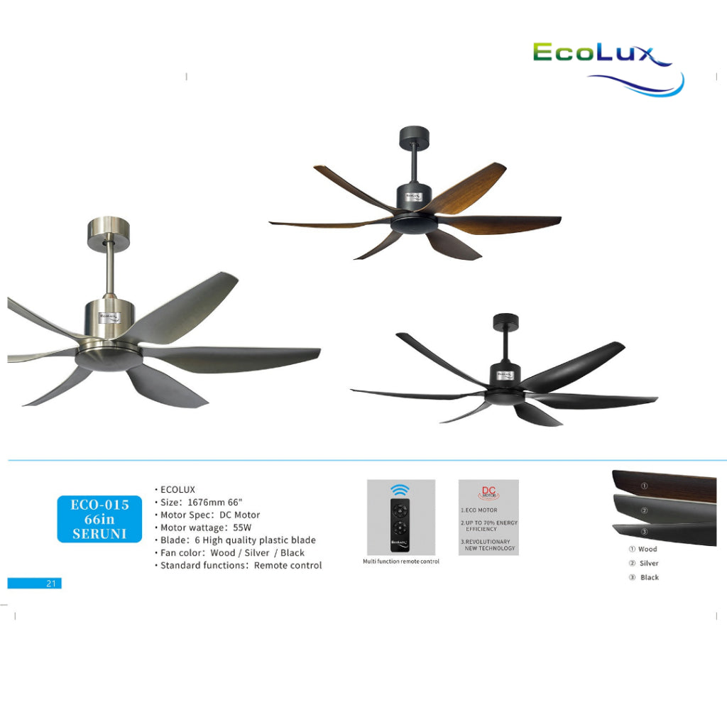 Ecolux Seruni 66IN DC Ceiling Fan + Remote | Kipas Plafon Besar Hemat Listrik Silver Black Wood