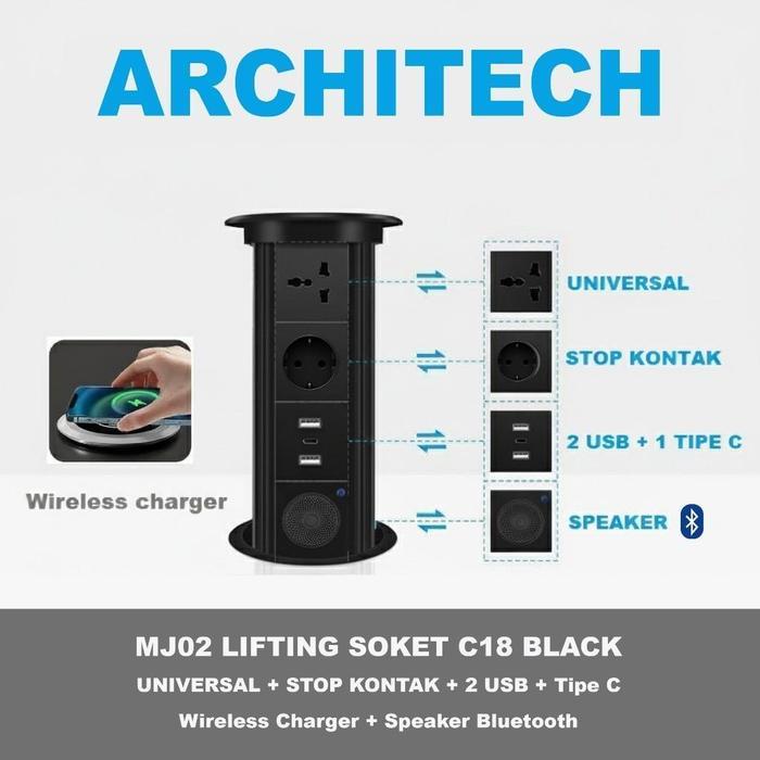 ARCHITECH MJ02 Lifting Socket Stop Kontak Meja | Pop Up Socket Meja Tanam | Hidden Desk Power Socket | Stop Kontak Meja Kantor Modern