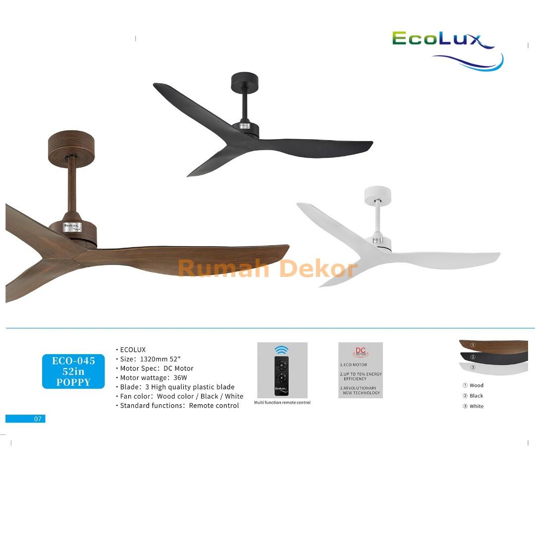 Kipas Plafon Ecolux 52 Inch POPPY Motor DC – Ceiling Fan Hemat Listrik & Senyap | Black White Wood