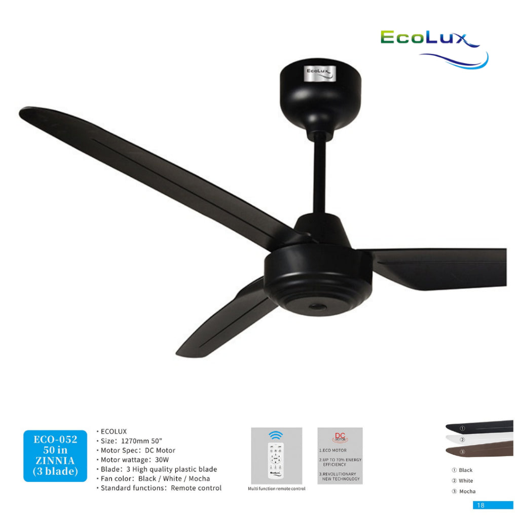 Kipas Plafon Ecolux Zinnia 50 Inch | 3 Baling Motor DC + Remote Control | Black / White / Mocha