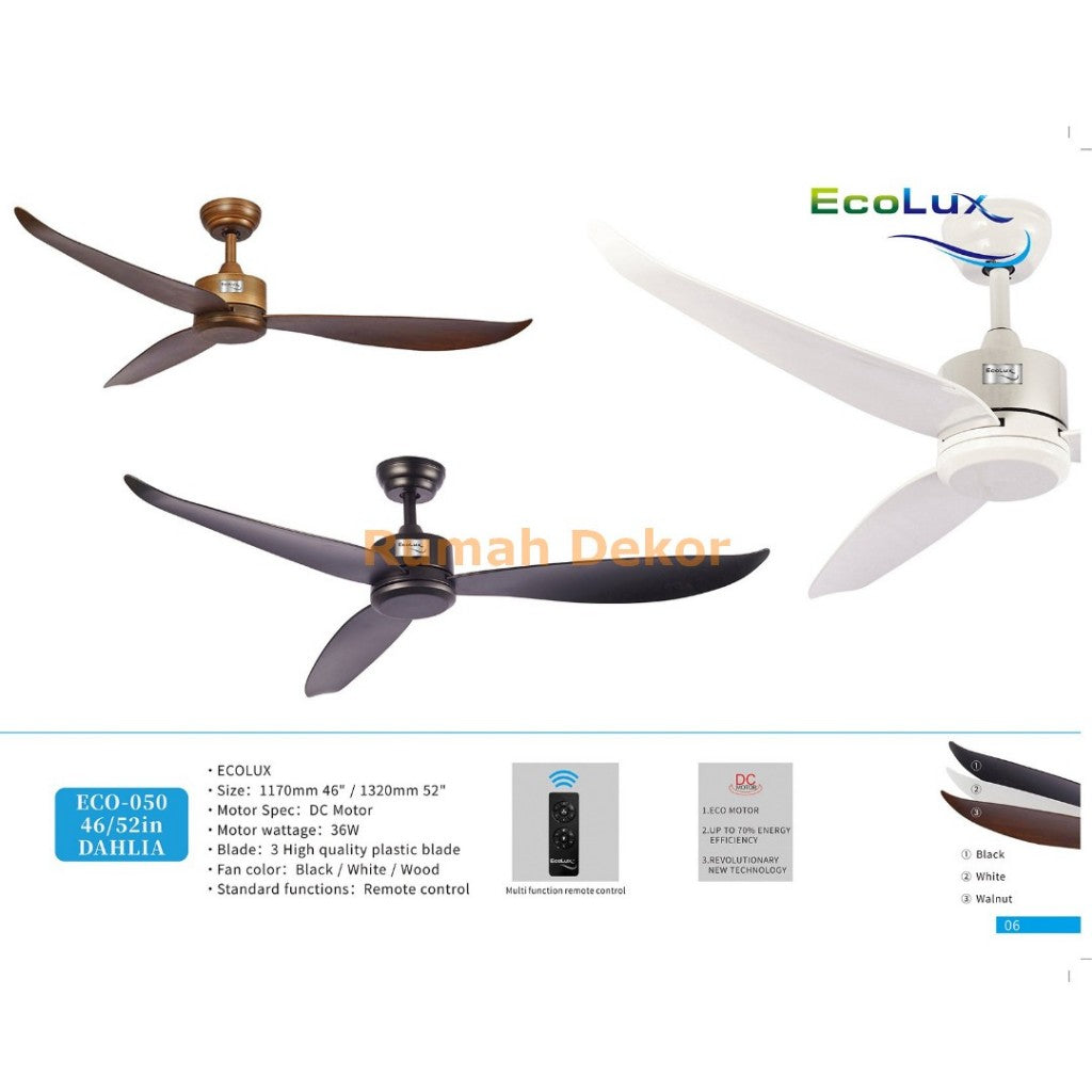 Kipas Plafon Ecolux DAHLIA 46 / 52 Inch – Motor Full Tembaga, Angin Kencang, Suara Halus, Hemat Daya