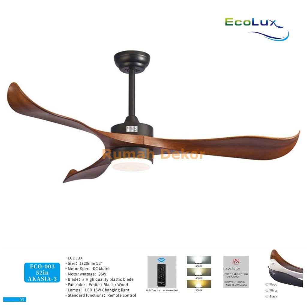 Kipas Angin Plafon Ecolux AKASIA 52 Inch – Ceiling Fan Gantung Elegan, Motor Kuat & Hemat Listrik