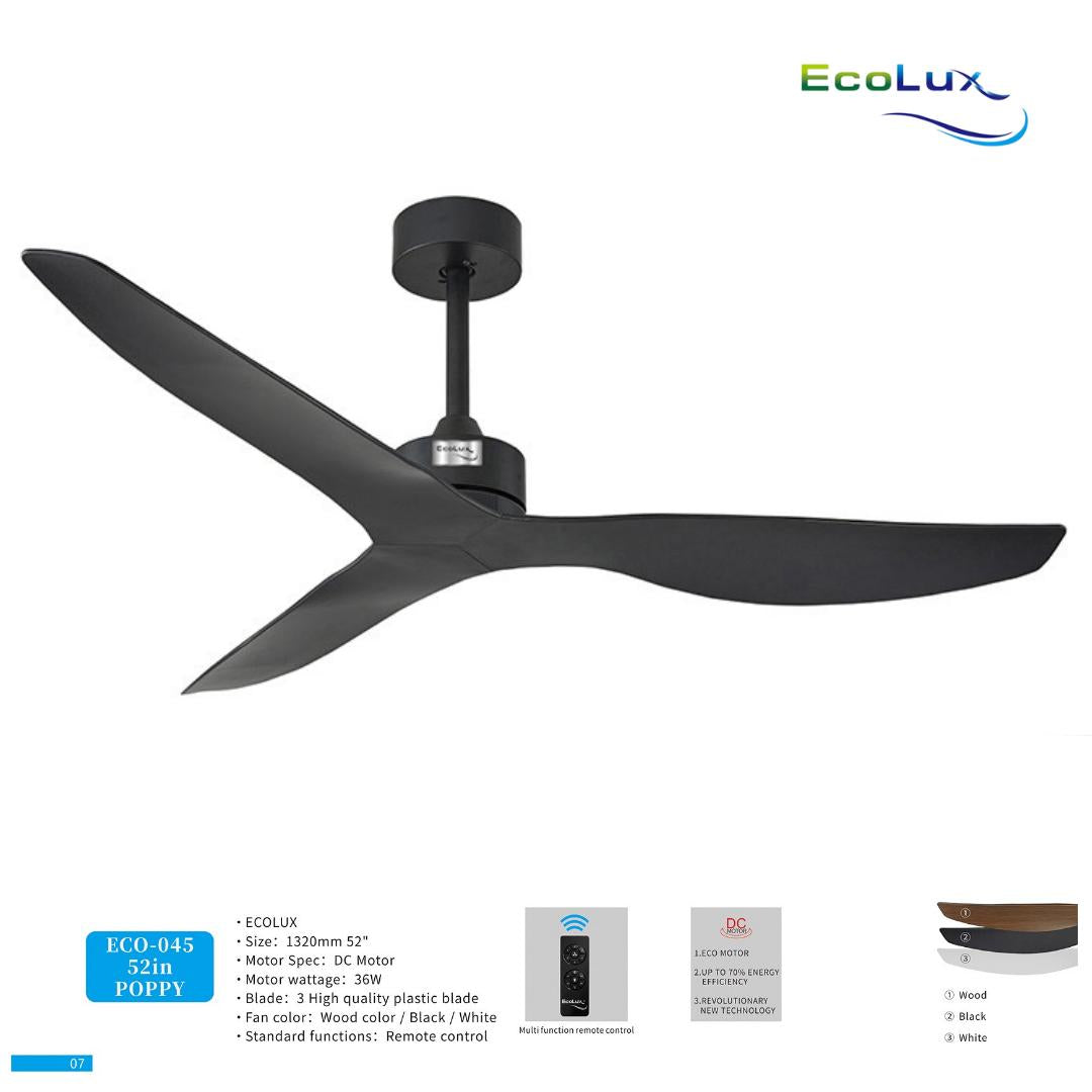 Kipas Plafon Ecolux 52 Inch POPPY Motor DC – Ceiling Fan Hemat Listrik & Senyap | Black White Wood