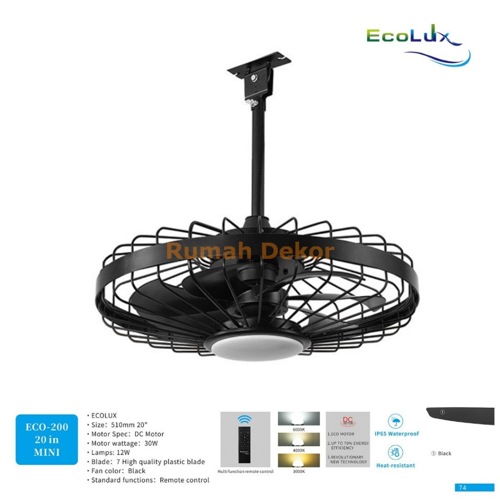 Kipas Plafon 20 Inch Mini Ecolux IP65 Waterproof – DC Motor Hemat Energi + Remote Control