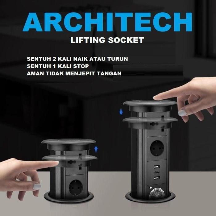 ARCHITECH MJ02 Lifting Socket Stop Kontak Meja | Pop Up Socket Meja Tanam | Hidden Desk Power Socket | Stop Kontak Meja Kantor Modern