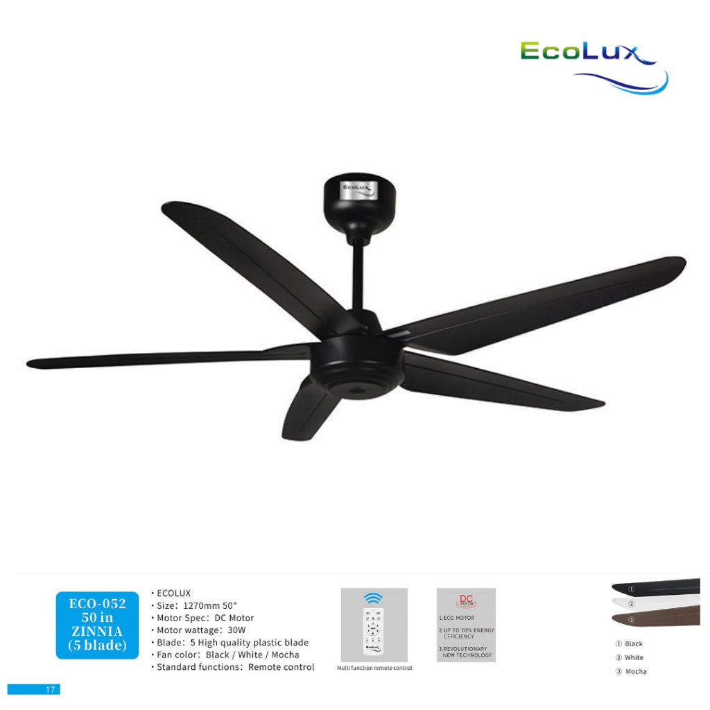 Ecolux 50IN Zinnia DC Ceiling Fan 5 Blade + Remote | Kipas Plafon Hemat Listrik Black White Mocha