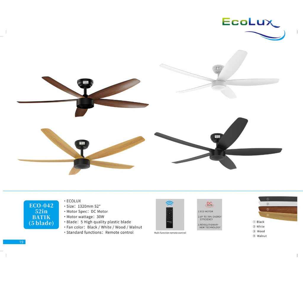 Ecolux 52IN Batik Ceiling Fan 5 Blade + Remote | Kipas Plafon Estetik Black White Walnut Wood